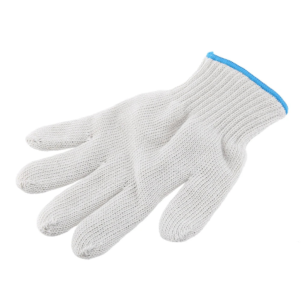 A pair of white cotton thread work gloves with blue trim shown from above.