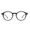 A pair of black anti-blue light reading glasses with blue temples.
