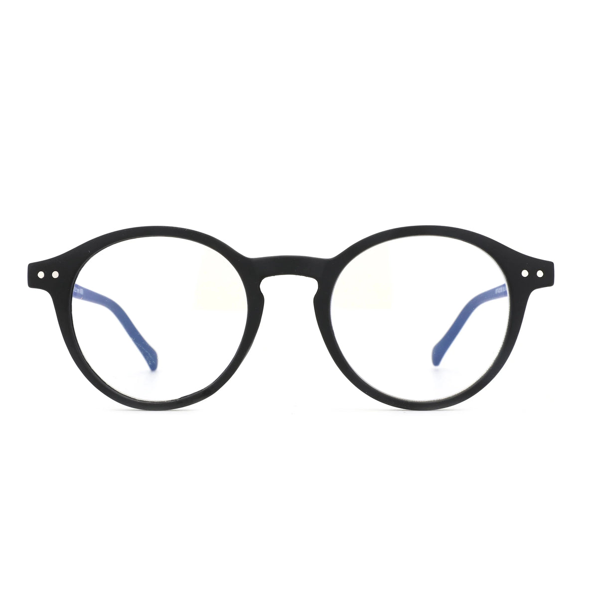 A pair of black anti-blue light reading glasses with blue temples.