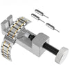 A set of three precision watch link pin remover tools and a metal clamp tool for watch repair.