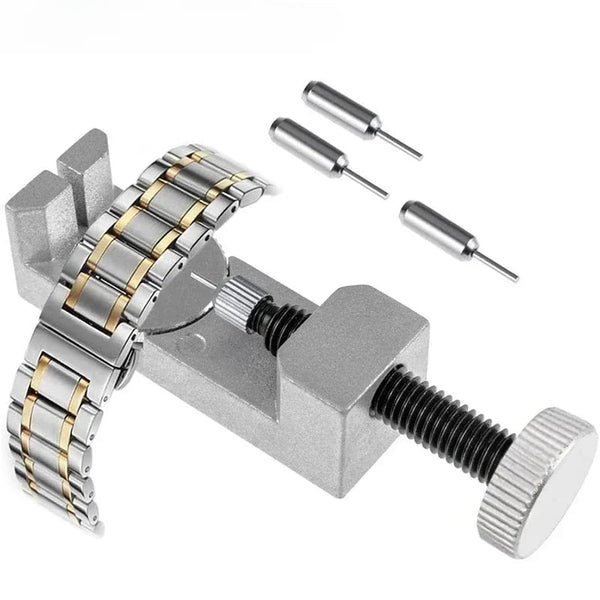 Un juego de tres herramientas para quitar pines de eslabones de relojes y una herramienta de clamp metálica para reparación d