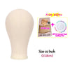 Display of a light beige canvas wig with a tripod stand and free gifts including an HD wig cap and quilting pins