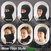 A collection of black face coverings including a balaclava, bandana, neck gaiter, face mask, scarf, and headband shown on a w