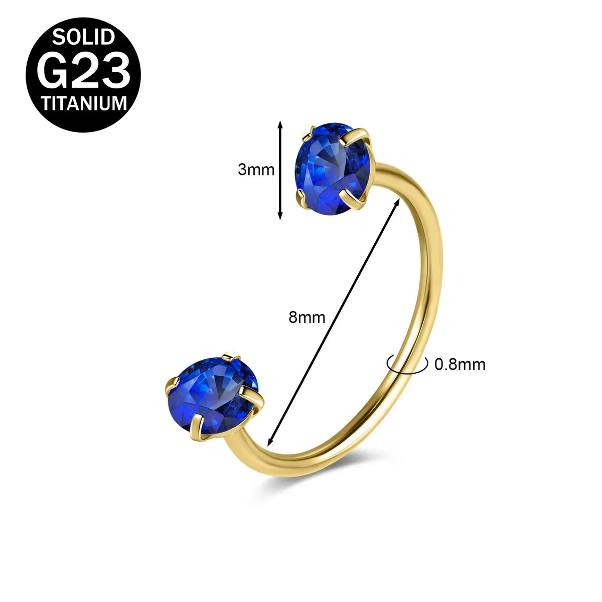 Gold-toned titanium nose ring featuring a round blue crystal gemstone.