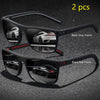 Two pairs of vintage check pattern sunglasses, one black gray frame and one black red frame.