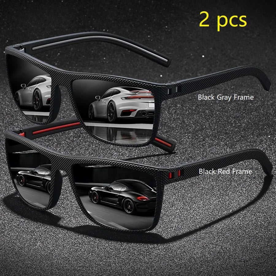 Two pairs of vintage check pattern sunglasses, one black gray frame and one black red frame.
