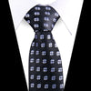 Black silk necktie with a silver floral paisley pattern worn under a white dress shirt.