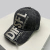 A dark gray distressed baseball cap with silver embroidery spelling out DISFL and yueqifa