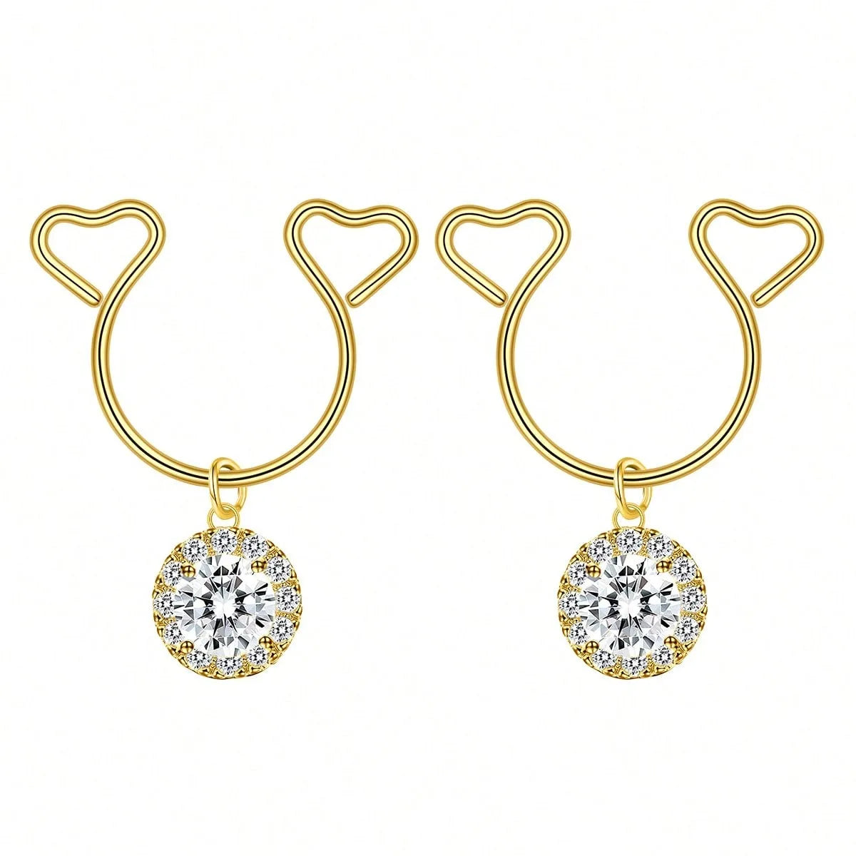 Gold heart dangle non-piercing nipple rings with cubic zirconia stones