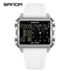A white digital wristwatch with a silver casing and black display showing the time.
