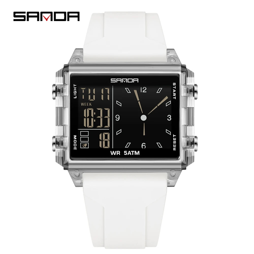 A white digital wristwatch with a silver casing and black display showing the time.