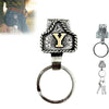 Silver letter Y pendant and ring keychain attached to a belt.