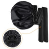 Black mulberry silk sleep bonnet for curly hair shown in a rolled and unfolded state