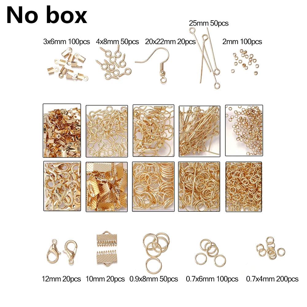 A collection of gold-colored jewelry findings including clasps, hooks, jump rings, and various sizes.