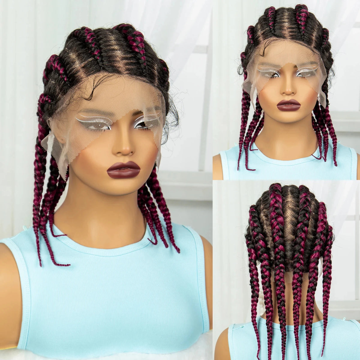 Gros plan sur la tête d'une femme montrant des extensions de cheveux tressés synthétiques violet foncé et noir.