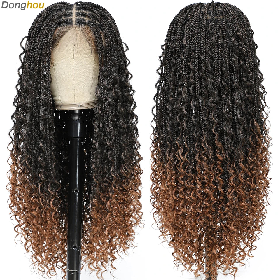 Long black hair extension with ombre brown tips styled in box braids