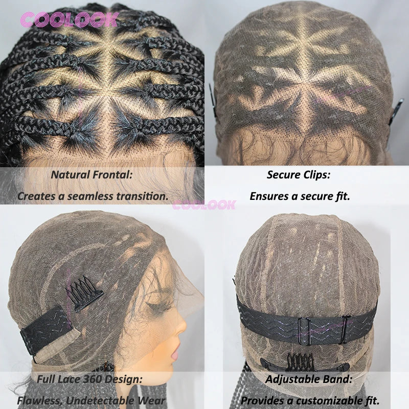 A full lace box braid wig for black hair shown with various styling options and features.