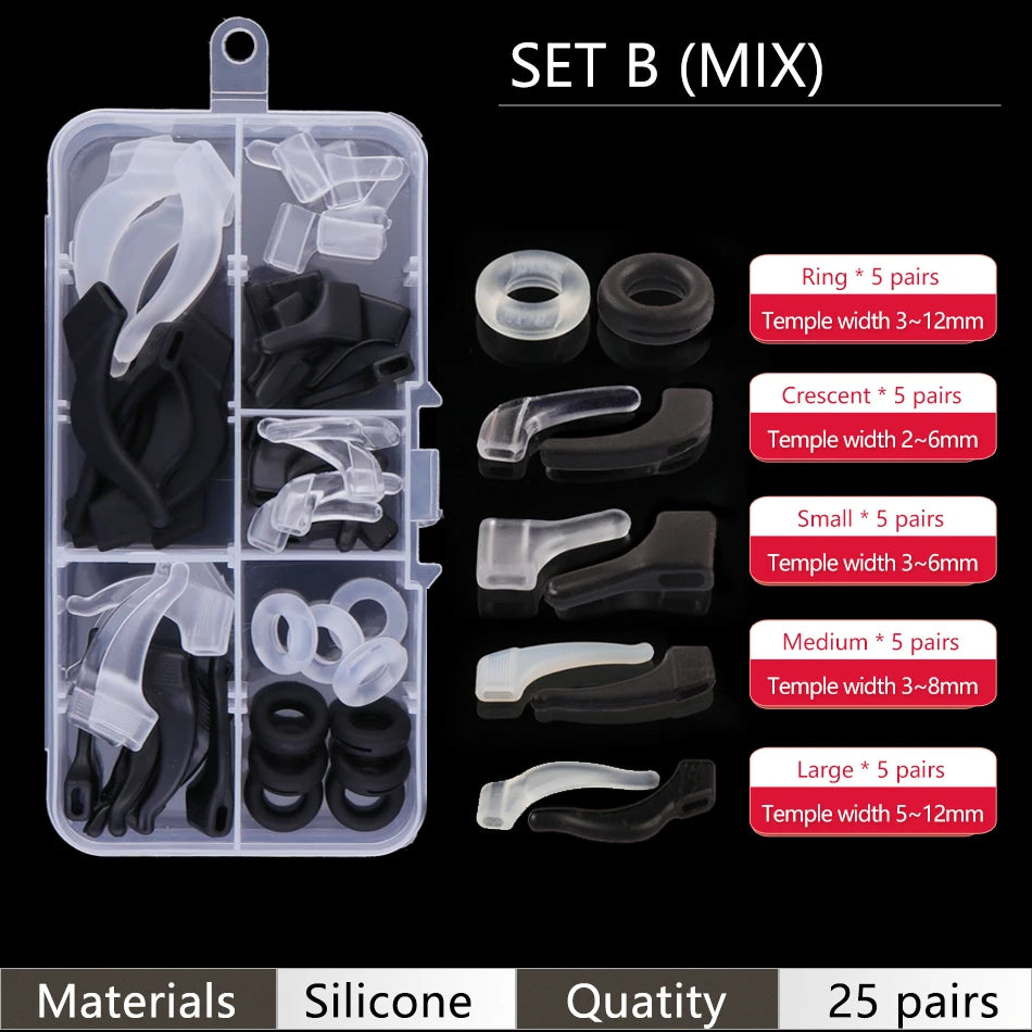 Set B (Mix) of silicone ear grip hooks for glasses and sunglasses in various sizes and shapes