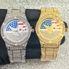 A pair of luxury quartz wristwatches featuring American flag designs and diamond accents, displayed against a sparkling backg
