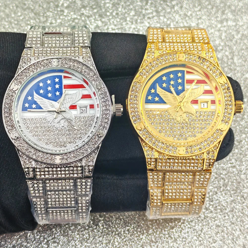 A pair of luxury quartz wristwatches featuring American flag designs and diamond accents, displayed against a sparkling backg