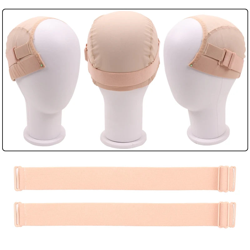 Tres bandas elásticas beige para pelucas, mostradas con una cabeza de maniquí y las bandas separadas.