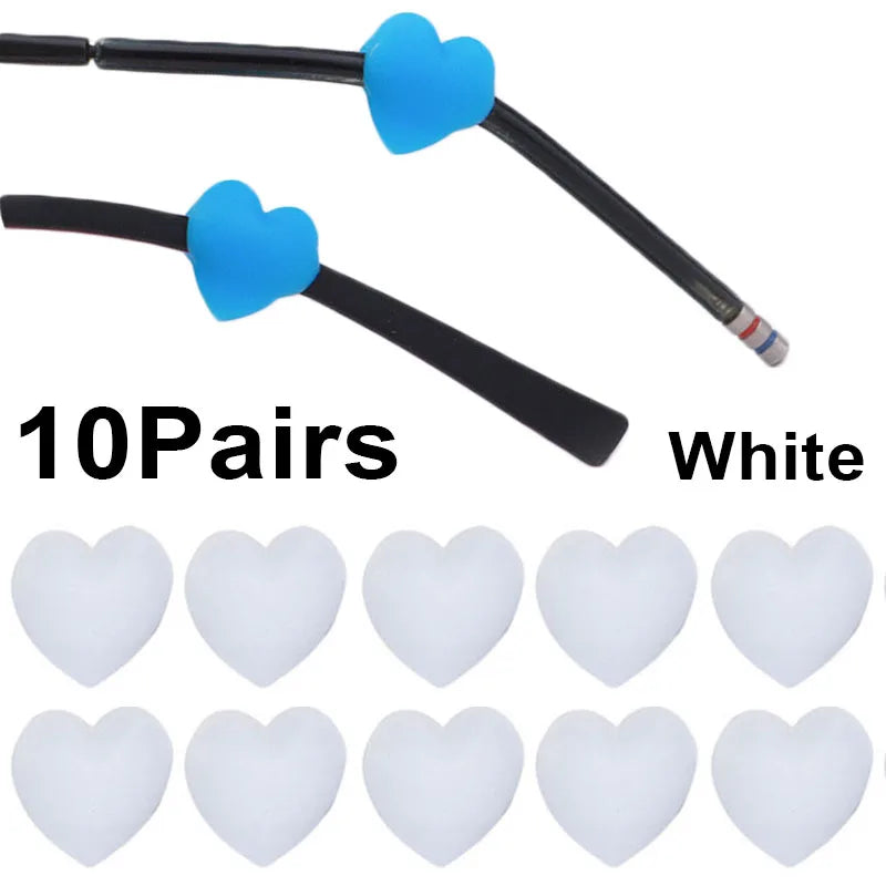 Ten pairs of white anti-slip silicone eyeglass ear hooks shown in various angles