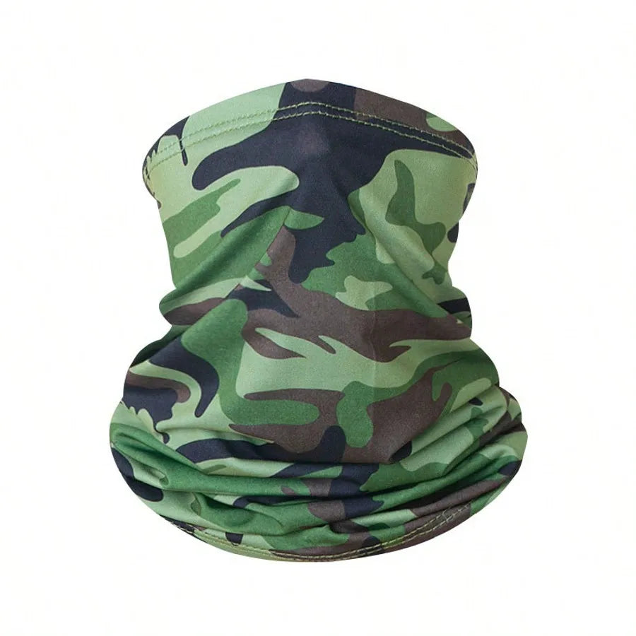 A camouflage patterned sun protection head scarf in green and brown tones.