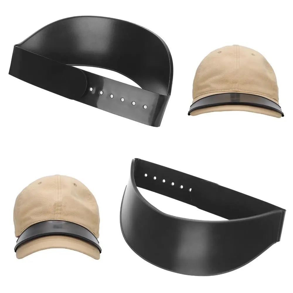 Black and tan reusable hat brim bender featuring a flexible band and a suede cap.