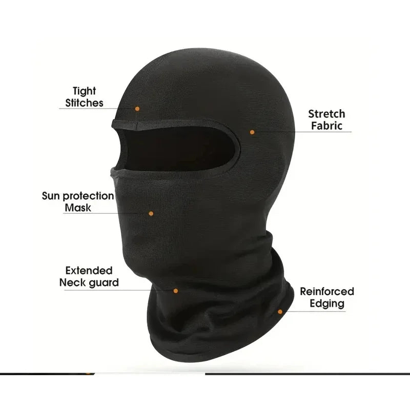 Balaclava tactique noire, cache-col avec coutures serrées, tissu extensible, protection solaire et cordon.