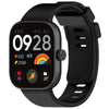 A black silicone watch strap is shown on a smartwatch, displaying the time 09:28 and weather information.