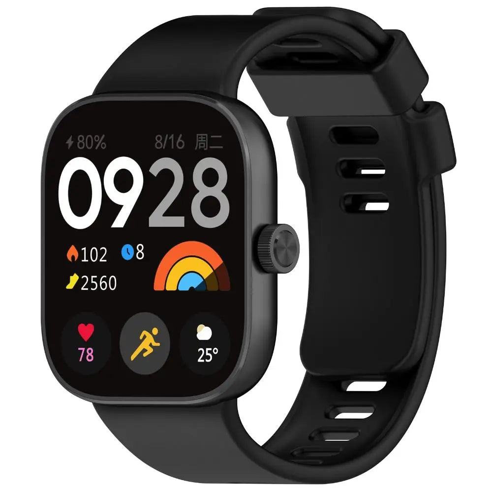 A black silicone watch strap is shown on a smartwatch, displaying the time 09:28 and weather information.