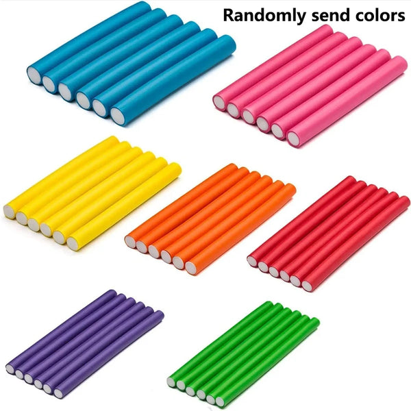 A set of ten flexible heatless hair curling rods in various colors including blue, pink, yellow, orange, and purple.