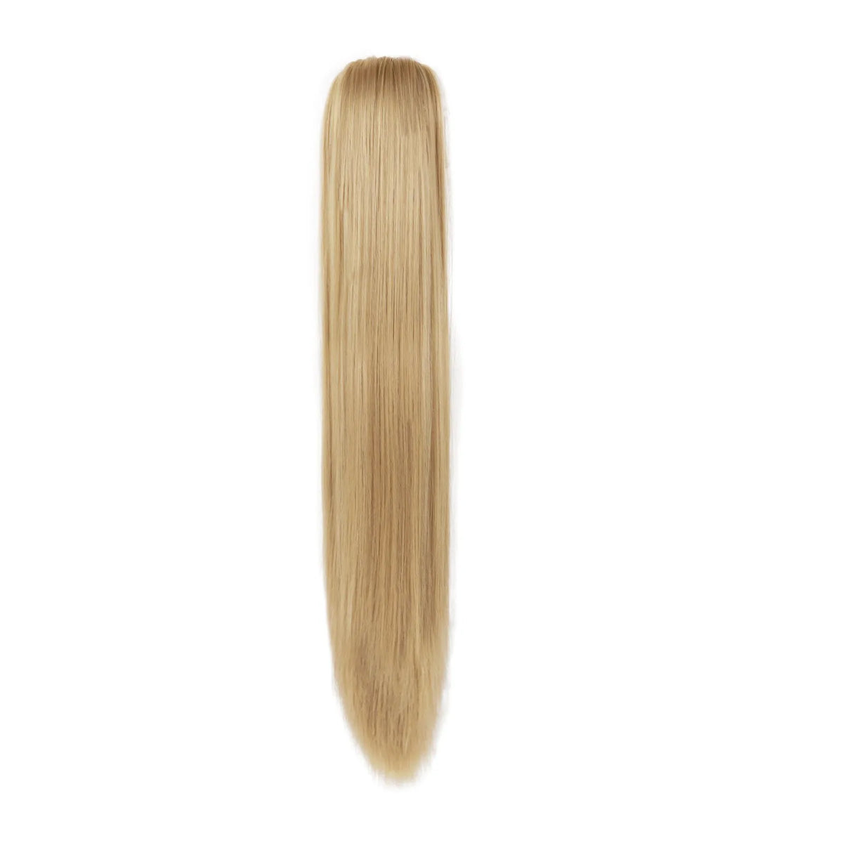 A straight, blonde hair extension is shown vertically.