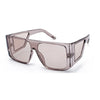 A pair of oversized gradient square sunglasses with a light pink tint and clear plastic frames.