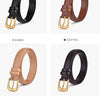 Elegant PU belt in khaki, coffee, and brown leather colors shown in various angles.