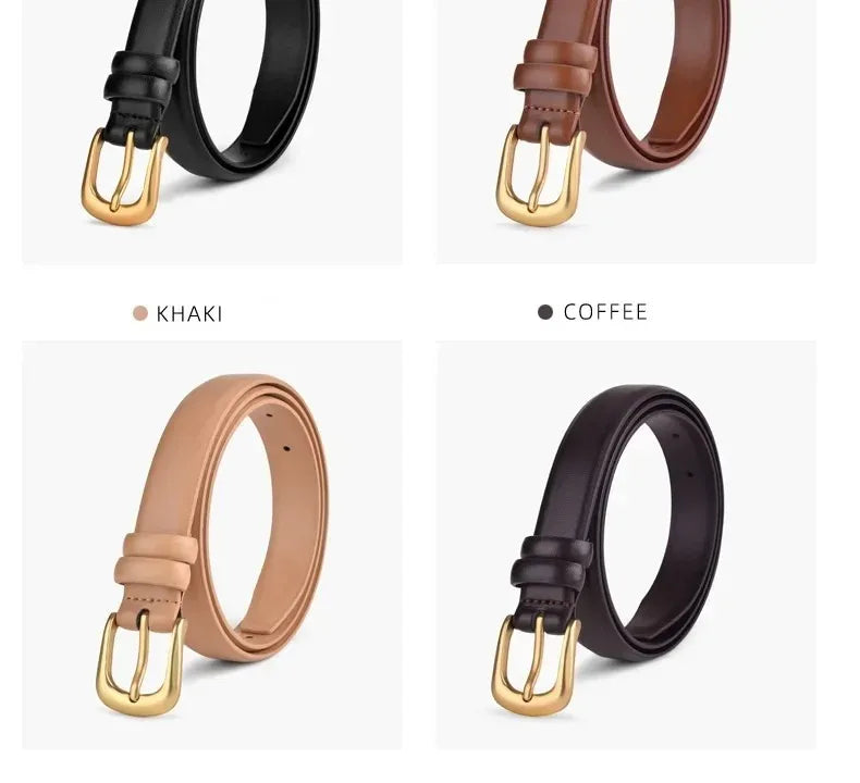 Elegant PU belt in khaki, coffee, and brown leather colors shown in various angles.