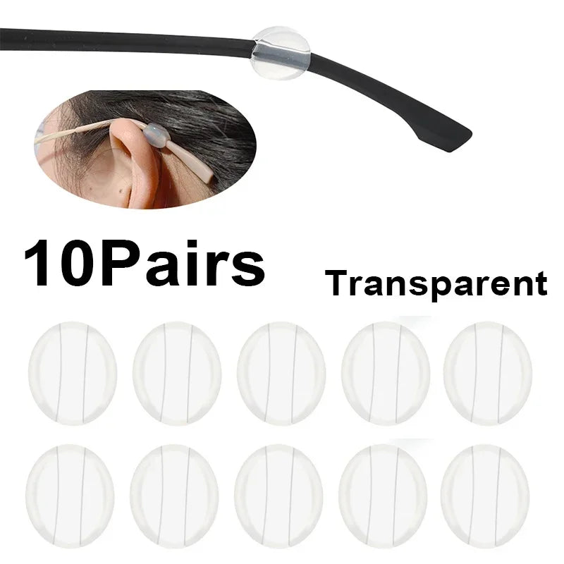 Ten pairs of transparent silicone ear hooks designed to hold glasses.