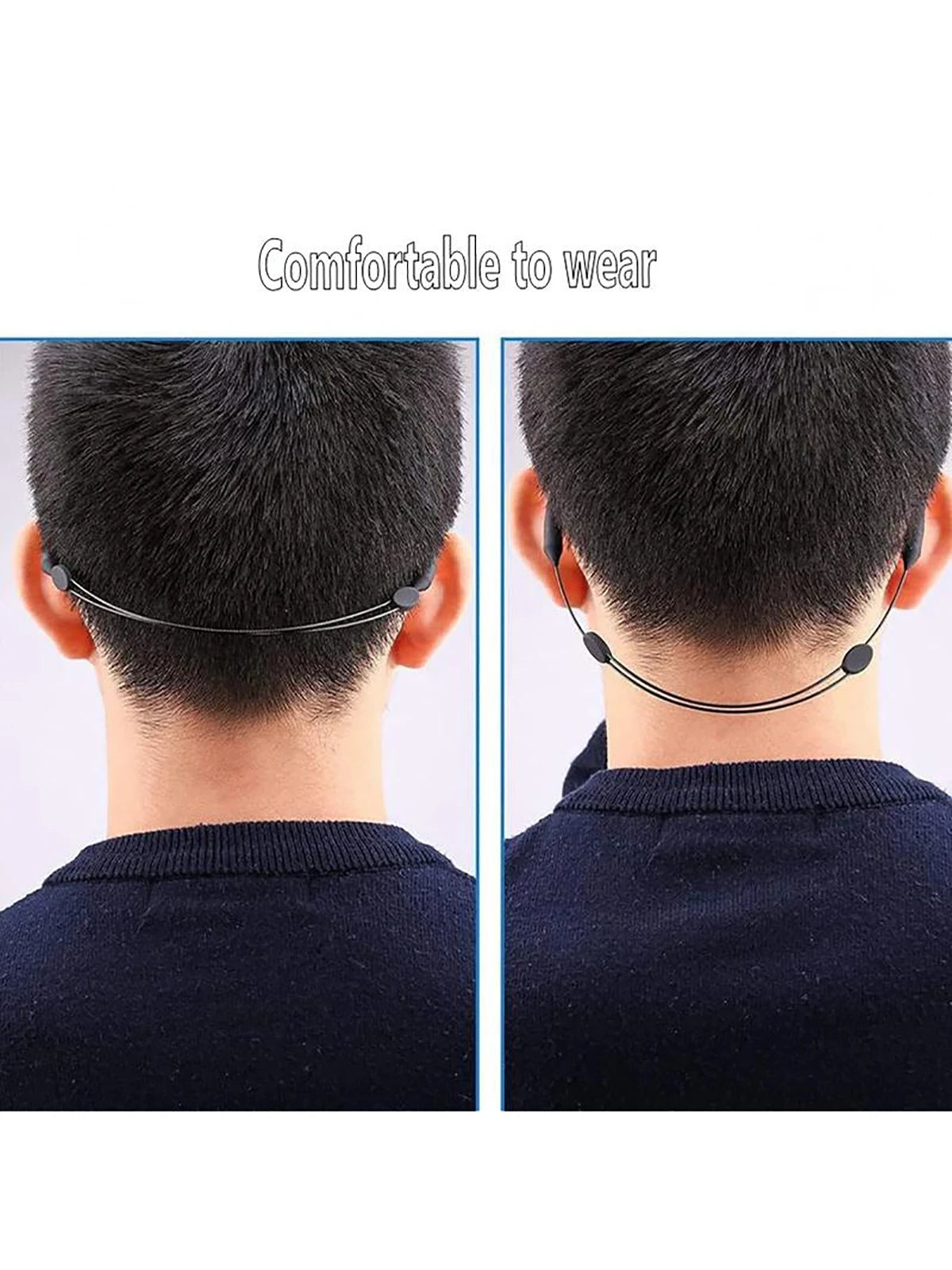 A close-up view of an adjustable anti-slip eyeglass retainer strap worn on the back of a person's head.