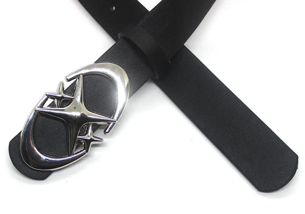 A black leather belt with a silver vintage gothic moon star buckle, shown crossed.