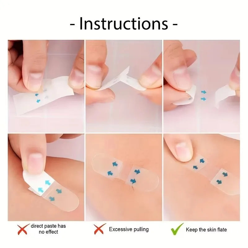 Instructions for using invisible V-shape face lifting adhesive patches on the skin.