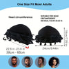 Black stretch modal and satin turban head wrap shown with size measurements for head circumference.