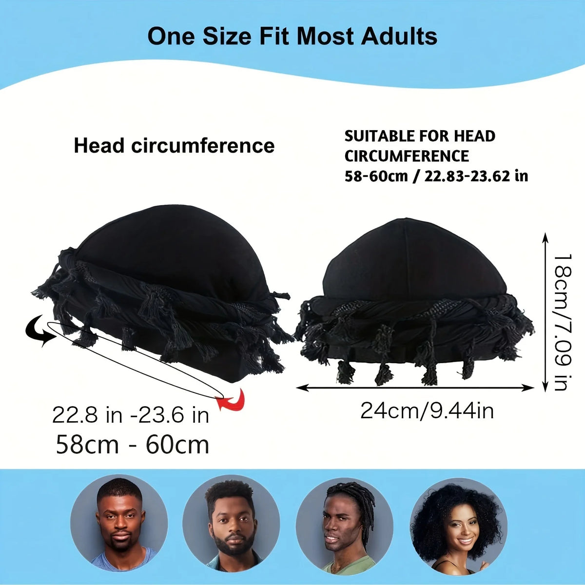 Black stretch modal and satin turban head wrap shown with size measurements for head circumference.