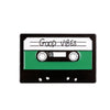 A black enamel pin featuring the text Good Vibes on a white background with green accents.