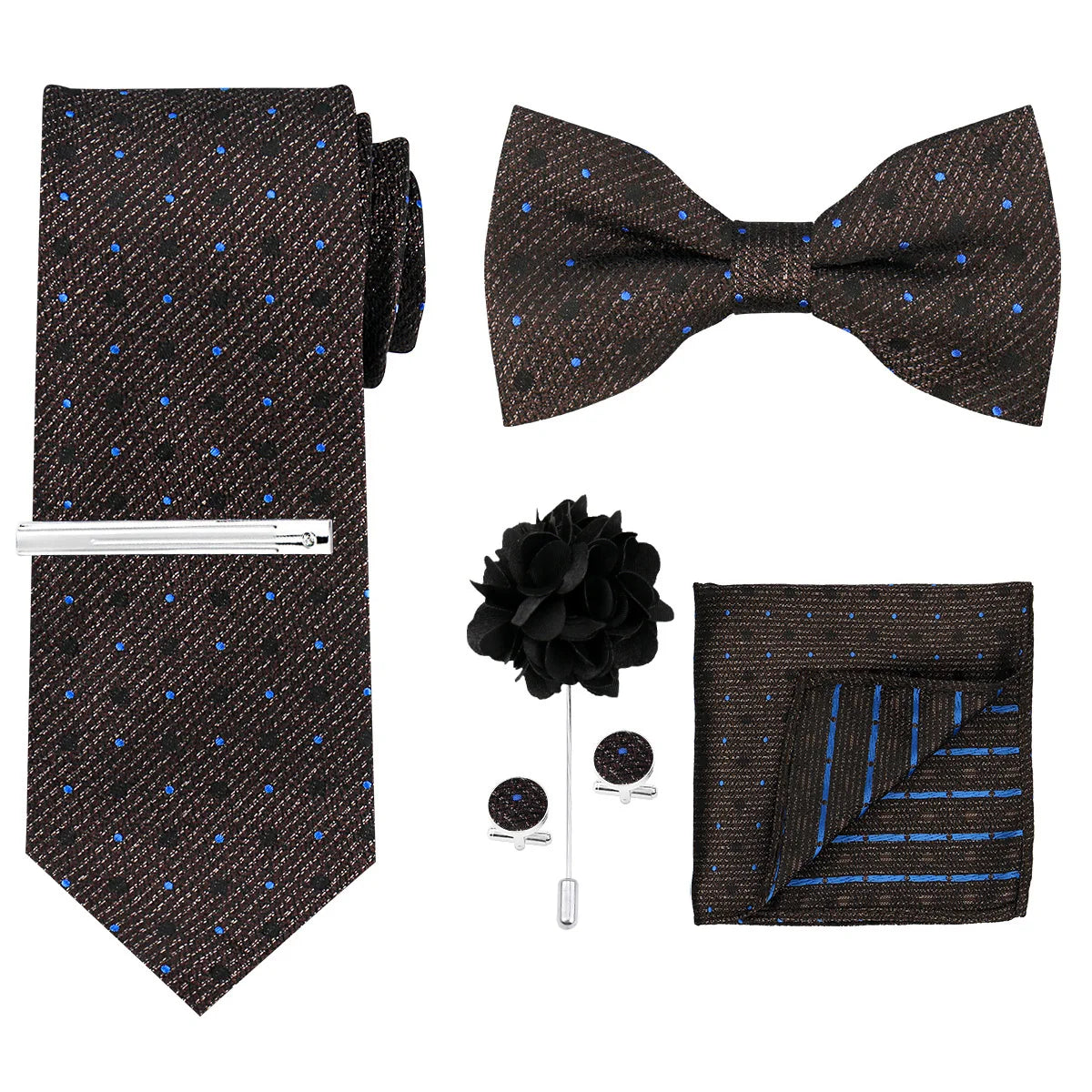 A set of black patterned neckties, a bow tie, and a matching pocket square in blue and black accents.