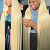 A close-up of a blonde straight HD lace front wig displayed on a model's head.