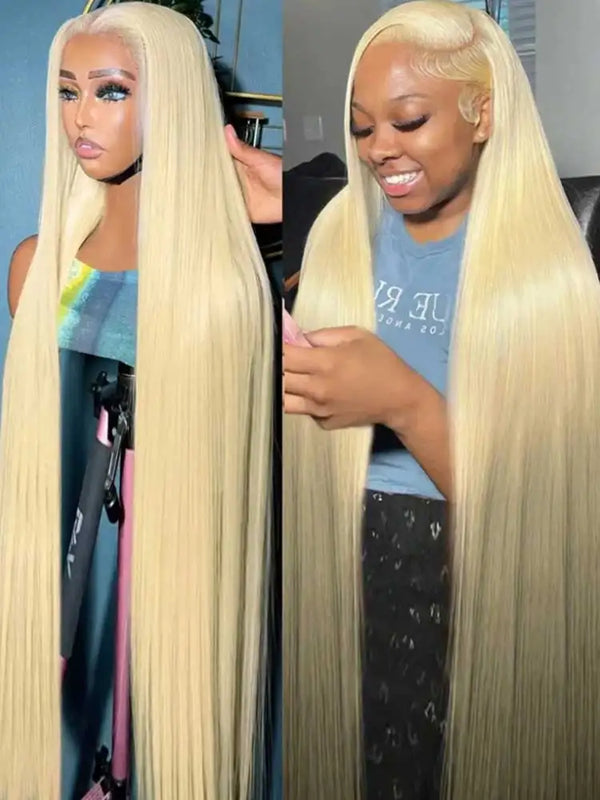 A close-up of a blonde straight HD lace front wig displayed on a model's head.