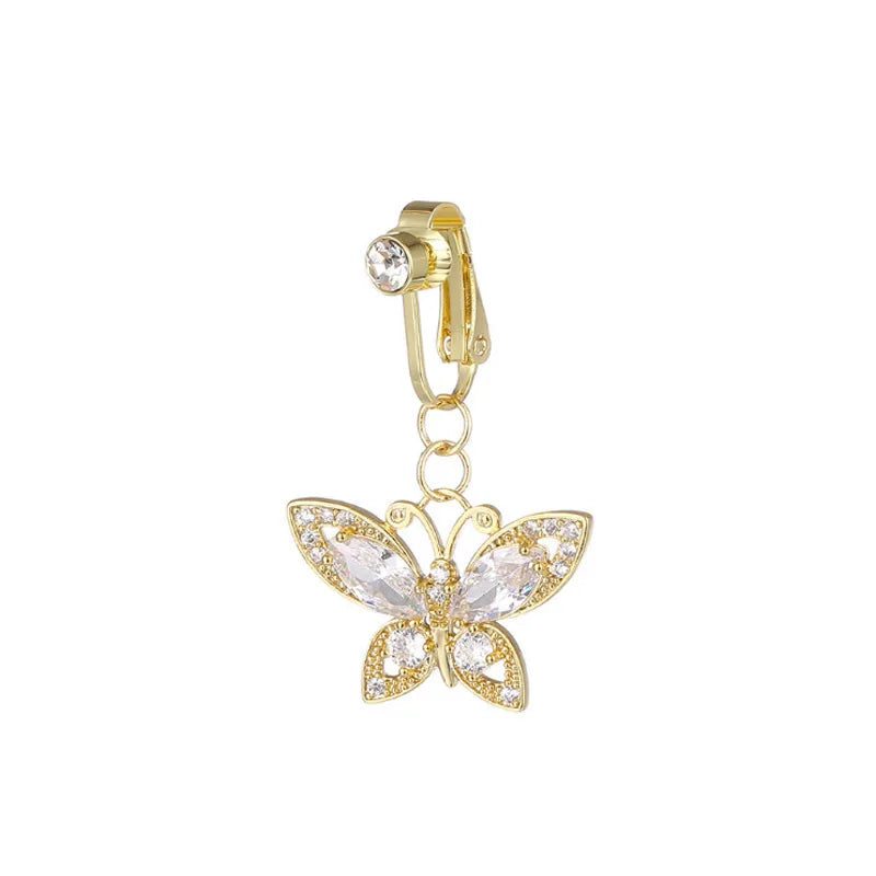Gold-toned fashion belly button rings featuring a detailed butterfly design with clear stones.
