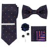 A set of men's formal tie and accessory featuring a dark blue patterned tie, bow tie, and pocket square.