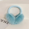 Light blue foldable plush faux fur earmuffs with a curved headband shown on a white background.