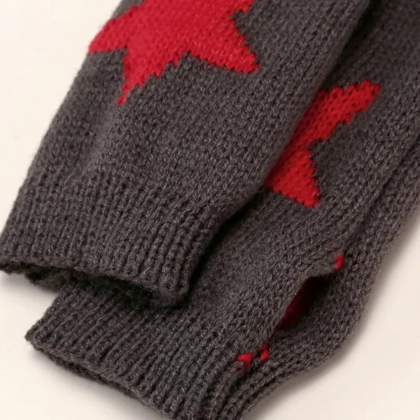 A pair of gray knitted half finger gloves featuring a red maple leaf pattern.